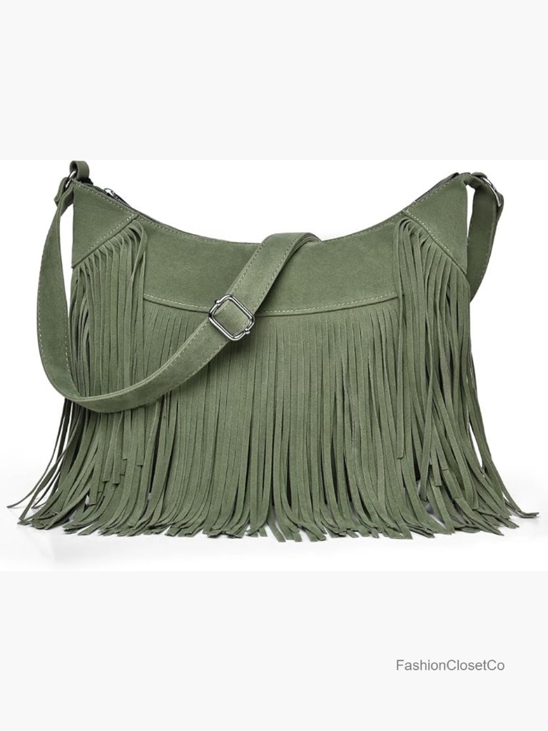 Vintage Suede Fringe Hobo Bag Crossbody Shoulder Purse Tassel Cowgirl Western